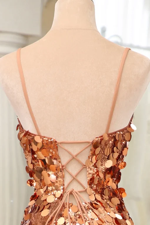 Sparkly Rose Golden Mermaid Spaghetti Straps Sequin Prom Dress With Slit
