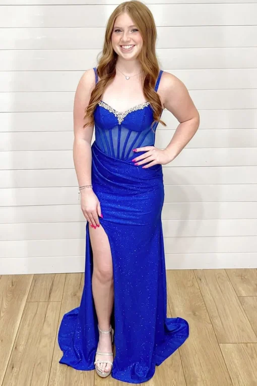 Sparkly Royal Blue Spaghetti Straps Mermaid Long Corset Prom Dress with Beaded