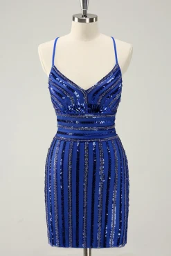 Sparkly Royal Blue Tight Sequined Spaghetti Straps Graduation Dress