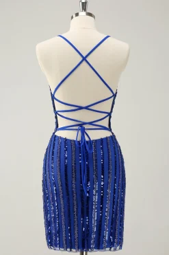 Sparkly Royal Blue Tight Sequined Spaghetti Straps Graduation Dress