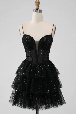 Sparkly Sequins Black A Line Tiered Corset Spaghetti Straps Short Tulle Graduation Dress