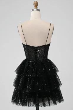 Sparkly Sequins Black A Line Tiered Corset Spaghetti Straps Short Tulle Graduation Dress