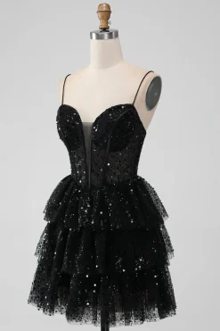 Sparkly Sequins Black A Line Tiered Corset Spaghetti Straps Short Tulle Graduation Dress