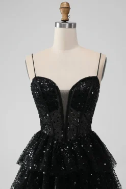 Sparkly Sequins Black A Line Tiered Corset Spaghetti Straps Short Tulle Graduation Dress