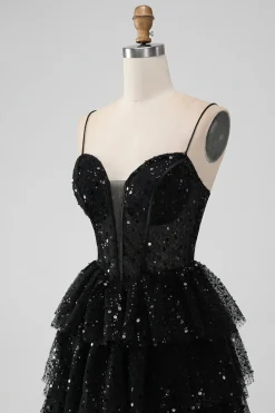 Sparkly Sequins Black A Line Tiered Corset Spaghetti Straps Short Tulle Graduation Dress