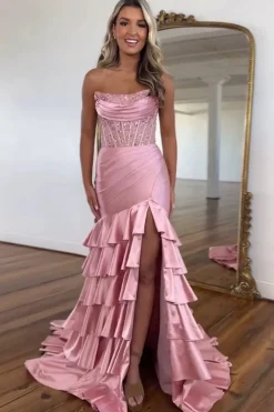 Sparkly Sequins Blush Strapless Mermaid Tiered Long Prom Dress with Slit