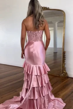 Sparkly Sequins Blush Strapless Mermaid Tiered Long Prom Dress with Slit