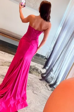 Sparkly Sequins Corset Fuchsia Strapless Mermaid Satin Long Prom Dress