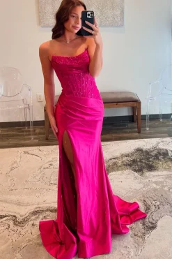 Sparkly Sequins Corset Fuchsia Strapless Mermaid Satin Long Prom Dress