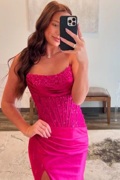 Sparkly Sequins Corset Fuchsia Strapless Mermaid Satin Long Prom Dress