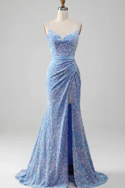 Sparkly Sequins Mermaid Light Blue Prom Dress with Slit