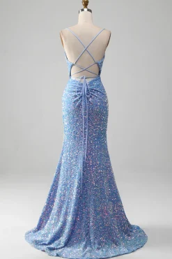 Sparkly Sequins Mermaid Light Blue Prom Dress with Slit