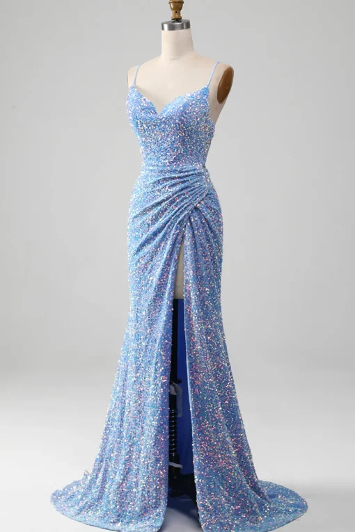 Sparkly Sequins Mermaid Light Blue Prom Dress with Slit