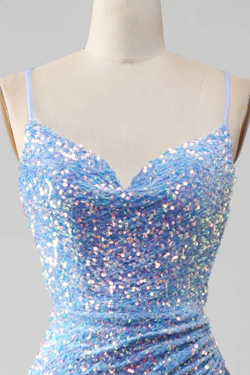 Sparkly Sequins Mermaid Light Blue Prom Dress with Slit