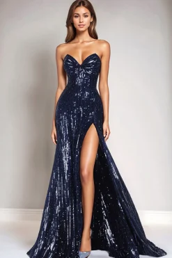 Sparkly Sequins Mermaid Navy Strapless Tight Formal Dress with Slit