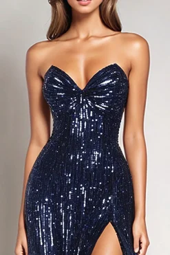 Sparkly Sequins Mermaid Navy Strapless Tight Formal Dress with Slit