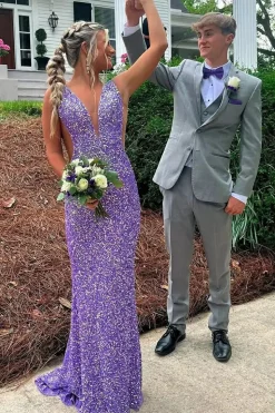 Sparkly Sequins Purple Mermaid Long Prom Dress