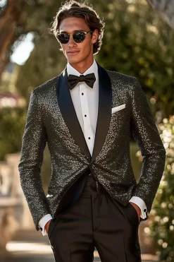 Sparkly Sequins Shawl Lapel Black 2 Pieces Men Prom Suits with One Button