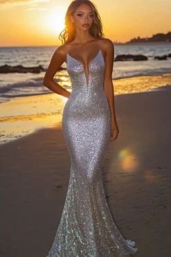 Sparkly Silver Backless Mermaid Long Formal Dress