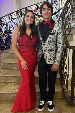Sparkly Silver Shawl Lapel Jacquard One Button 2 Piece Prom Suits
