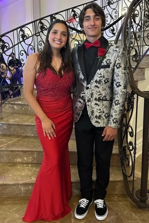 Sparkly Silver Shawl Lapel Jacquard One Button 2 Piece Prom Suits