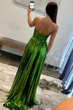 Sparkly Strapless Green A Line Pleated Prom Dress with slit