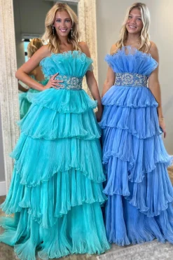 Sparkly Tiered Tulle Strapless A Line Beaded Blue Prom Dress