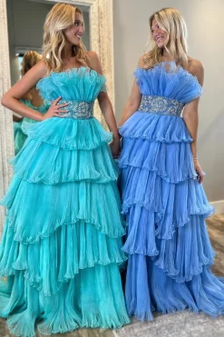 Sparkly Tiered Tulle Strapless A Line Beaded Blue Prom Dress