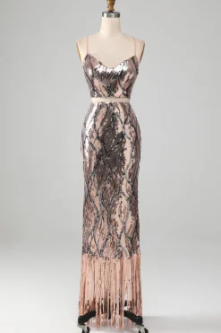 Sparkly Two-piece Sheath Prom Dress with Fringes