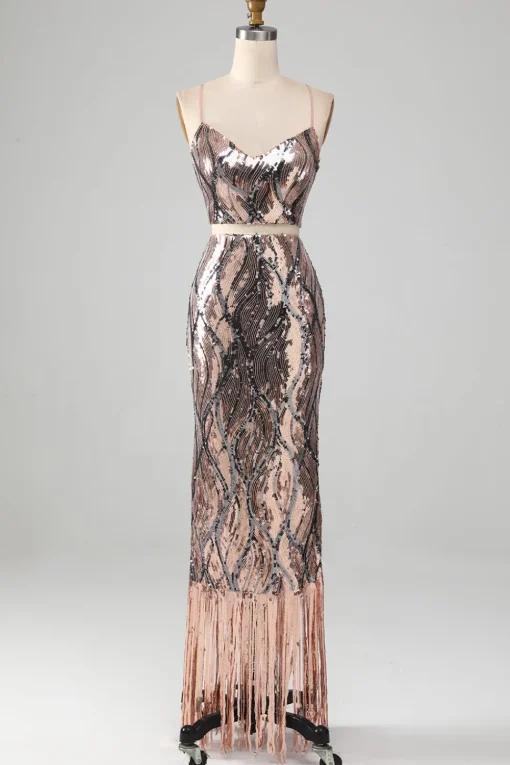 Sparkly Two-piece Sheath Prom Dress with Fringes