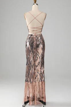 Sparkly Two-piece Sheath Prom Dress with Fringes