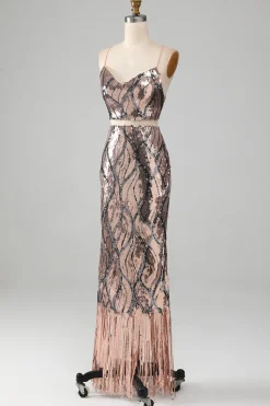 Sparkly Two-piece Sheath Prom Dress with Fringes