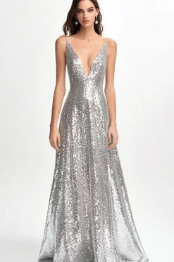 Sparkly V Neck Silver Sequined A Line Formal Dress