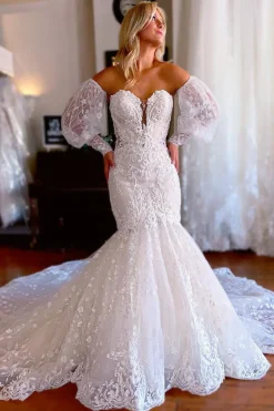 Sparkly White Mermaid Detachable Long Sleeves Lace Wedding Dress