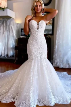 Sparkly White Mermaid Detachable Long Sleeves Lace Wedding Dress