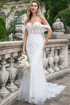 Sparkly White Off the Shoulder Corset Mermaid Tulle Wedding Dress with Sequins