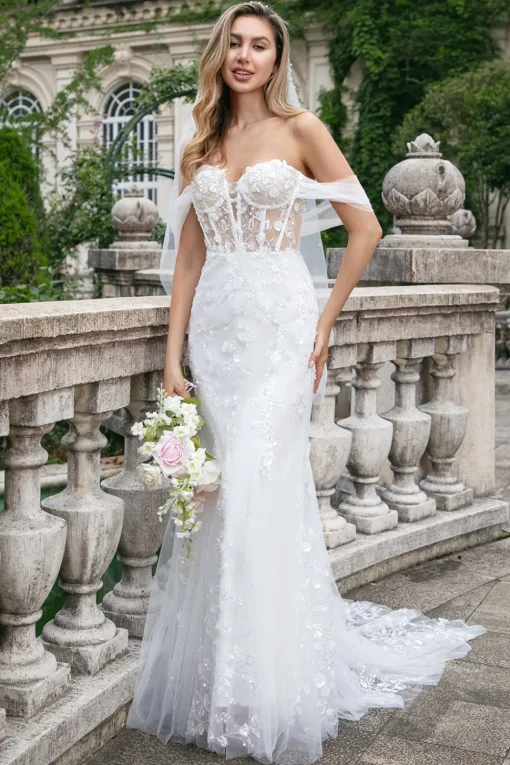 Sparkly White Off the Shoulder Corset Mermaid Tulle Wedding Dress with Sequins