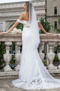 Sparkly White Off the Shoulder Corset Mermaid Tulle Wedding Dress with Sequins