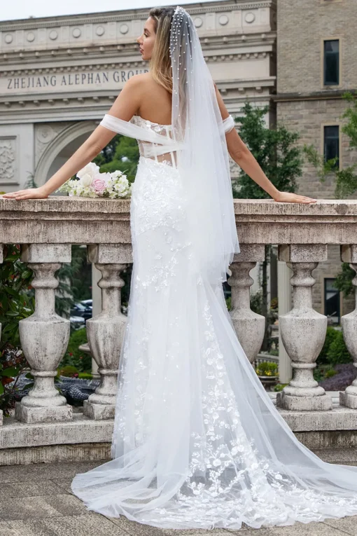 Sparkly White Off the Shoulder Corset Mermaid Tulle Wedding Dress with Sequins
