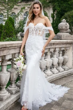 Sparkly White Off the Shoulder Corset Mermaid Tulle Wedding Dress with Sequins