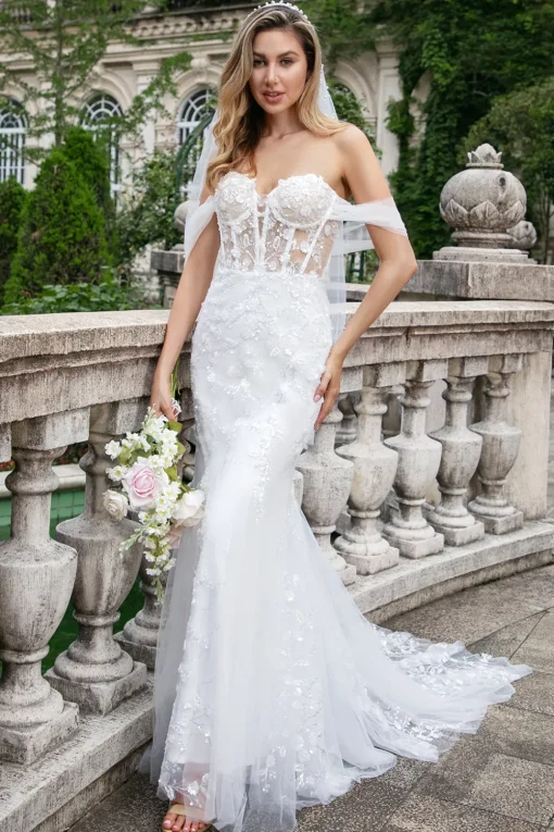 Sparkly White Off the Shoulder Corset Mermaid Tulle Wedding Dress with Sequins