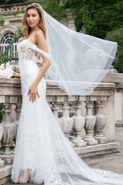 Sparkly White Off the Shoulder Corset Mermaid Tulle Wedding Dress with Sequins