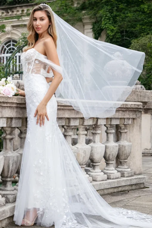 Sparkly White Off the Shoulder Corset Mermaid Tulle Wedding Dress with Sequins
