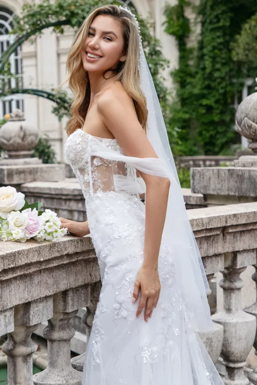 Sparkly White Off the Shoulder Corset Mermaid Tulle Wedding Dress with Sequins