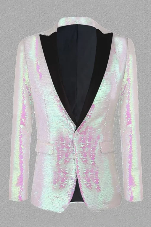 Sparkly White Sequins Peak Lapel Men's Prom Blazer