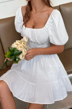 Square Neck Mini White Graduation Dress With Short Sleeves