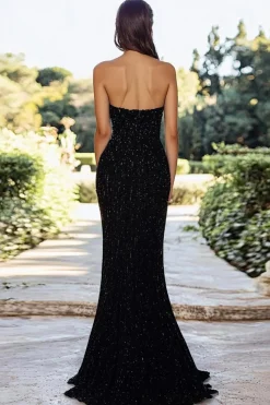 Strapless A Line Black Sequined Prom Dress With Slit