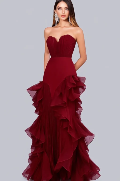 Strapless Burgundy Ruffled Sheath Formal Dress