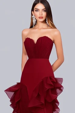 Strapless Burgundy Ruffled Sheath Formal Dress
