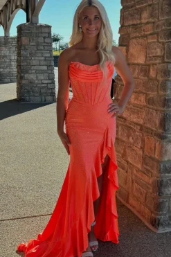 Strapless Mermaid Orange Corset Beaded Ruffles Prom Dress